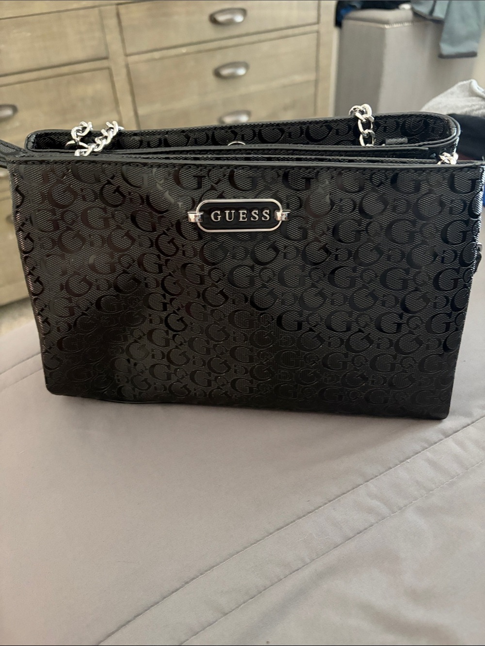 Guess Black Monogram Chain-Handle Shoulder Bag-BRAND NEW